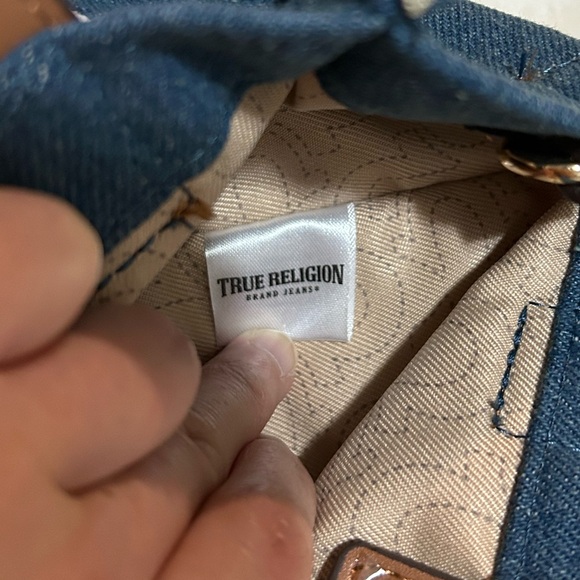 NWT True Religion Buddha Guitar Logo Denim Crossbody Mini Tote Dark Blue - Picture 12 of 14